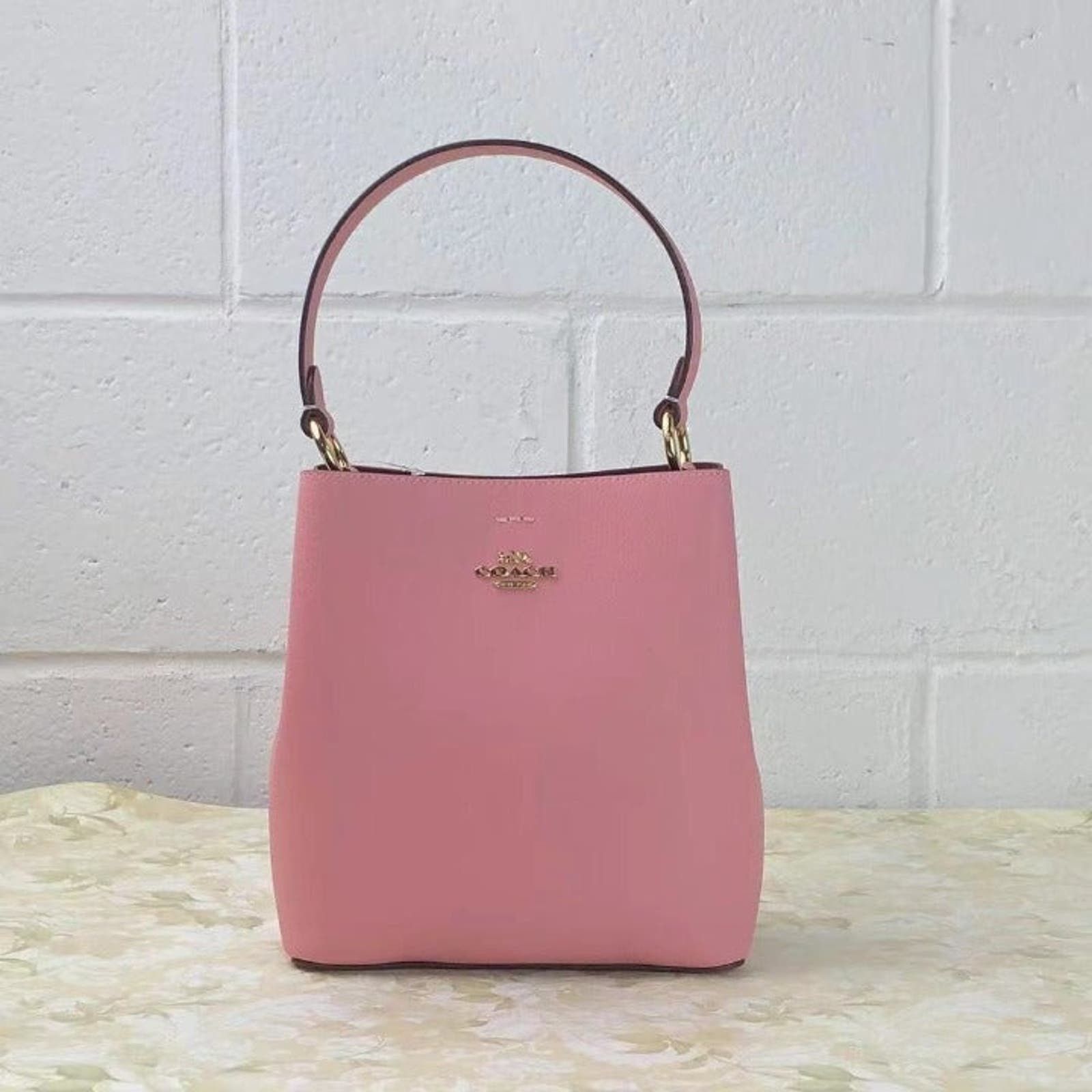 image of Coach 1011 Small Leather Town Bucket Bag In Bubblegum/wine in Pink, Women's