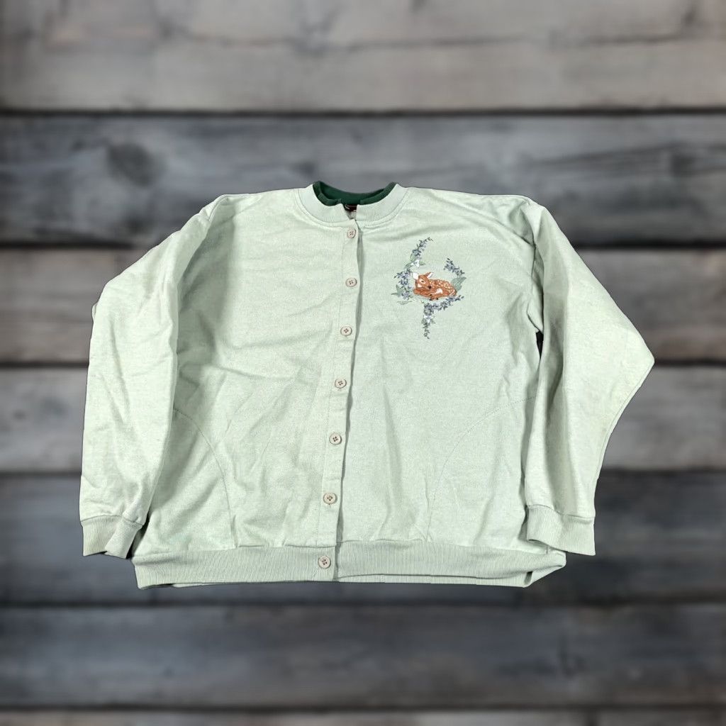 Vintage VINTAGE Woolrich Sweatshirt Cardigan Deer Embroidered Green 90s Graphic Print Women Large Cotton Crew Neck Long Sleeve Size L / US 10 / IT 46 - 1 Thumbnail