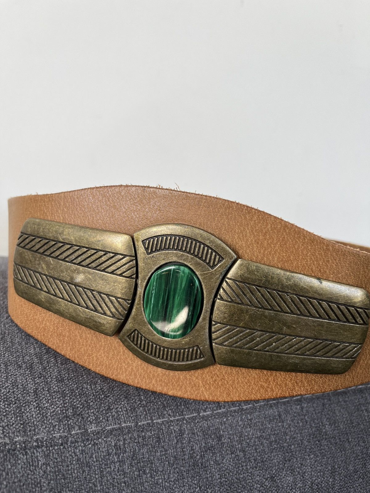 Cowboy Equipment × Vintage Vintage Aztec Mayan Leather Wide Belt Malachite Gemstone Size ONE SIZE - 2 Thumbnail