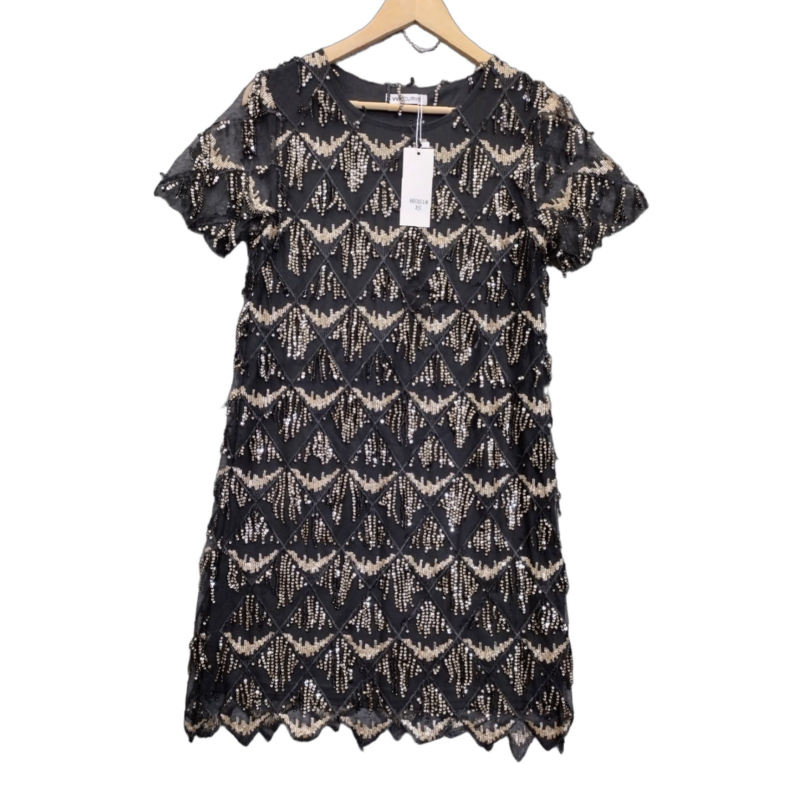 Vintage VVM Curve Dress Women's XS Black Gold Sequin Short Sleeve Flapper Dress Size 26" / US 2 / IT 38 - 1 Thumbnail
