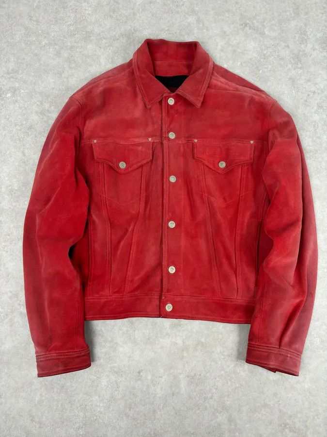 2000s Versace Red Suede Leather Trucker Jacket