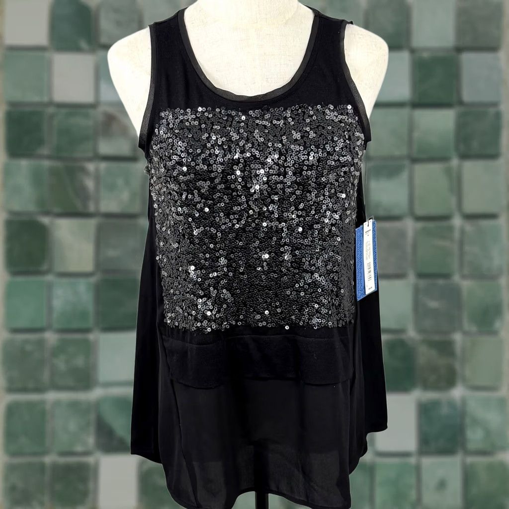 Vintage Simply Vera Vera Wang Tank Top Womens PS Black Sequin Layered High Low Glam Party NWT Size S / US 4 / IT 40 - 1 Thumbnail