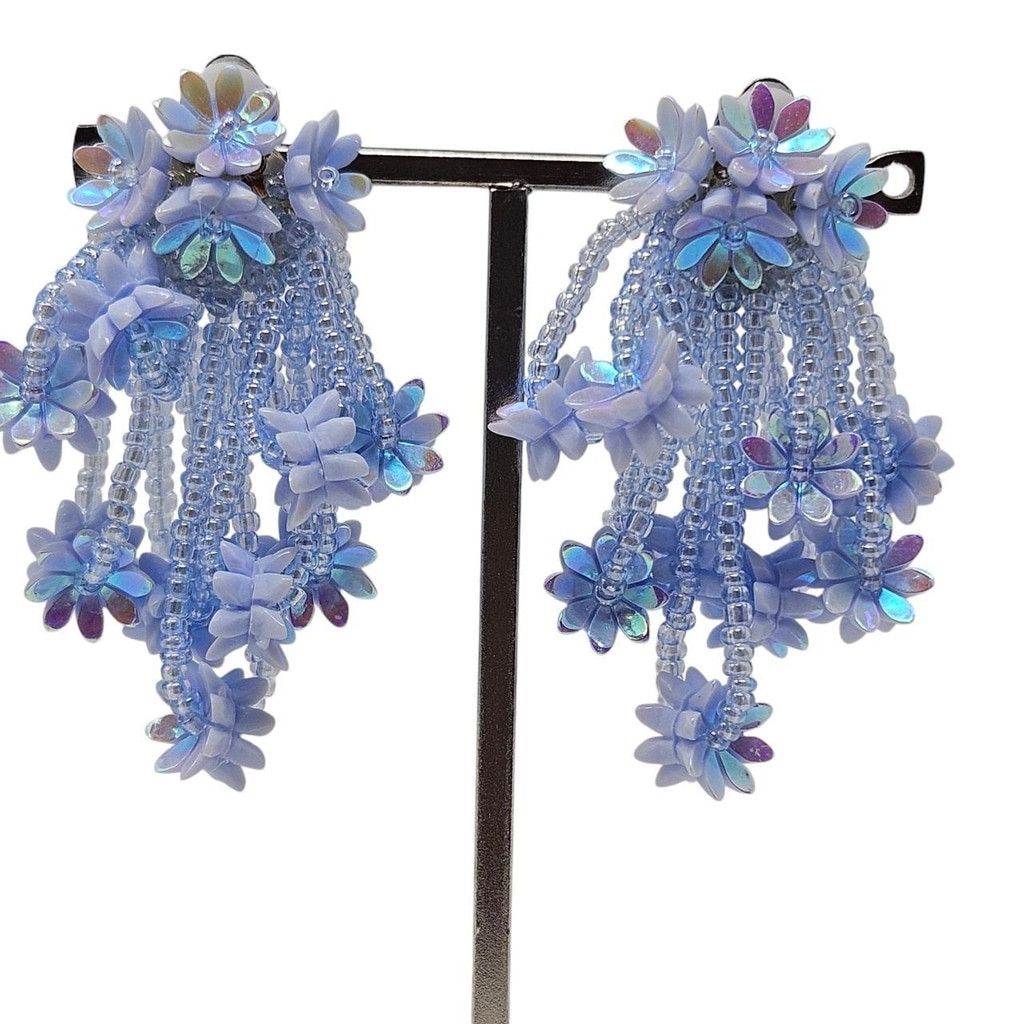 Handmade Whimsical iridescent blue beaded flower clip on earrings Size ONE SIZE - 2 Thumbnail