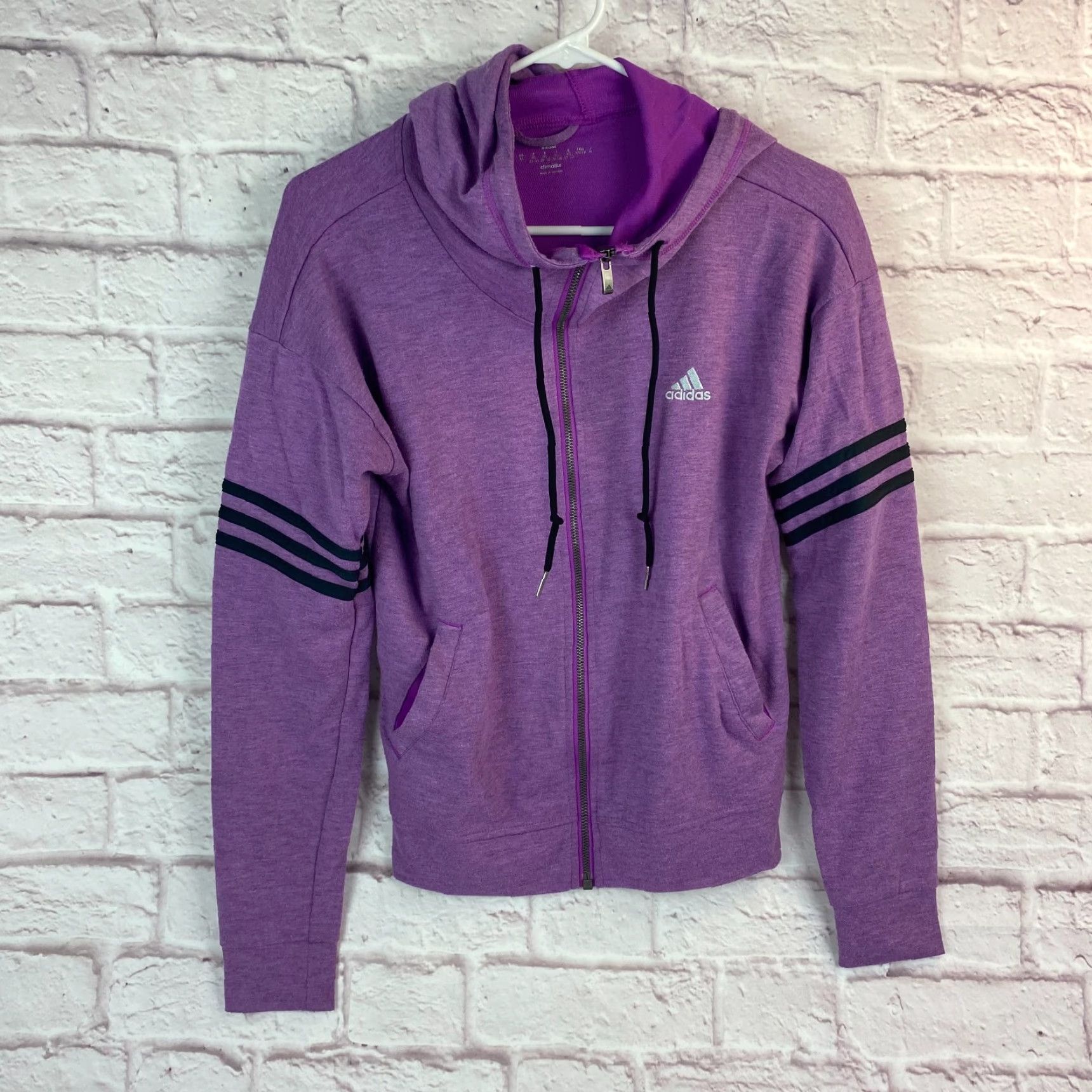 Adidas Adidas Hoodie Full Zip XS Purple Black Stripes Hooded Long Sleeve Logo Women, Regular Fit, Cotton Blend, Climalite, Activewear Size XS / US 0-2 / IT 36-38 - 2 Thumbnail