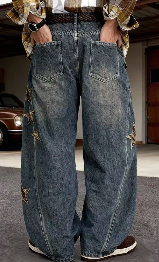 Japanese Brand Retro Star Patchwork Blue Baggy Wide Leg Size US 32 / EU 48 - 4 Thumbnail