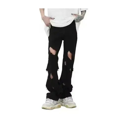 Jean Black Distressed Stacked Denim Jeans Size US 30 / EU 46 - 4 Thumbnail