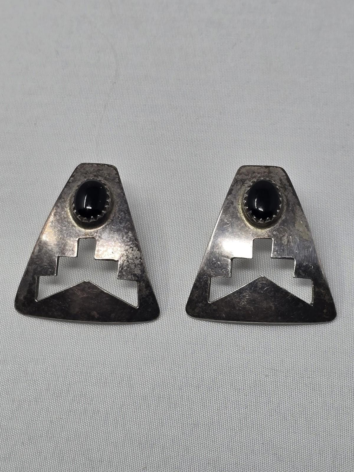 Other Native American Sterling Silver Onyx Earrings Handmade Size ONE SIZE - 1 Thumbnail