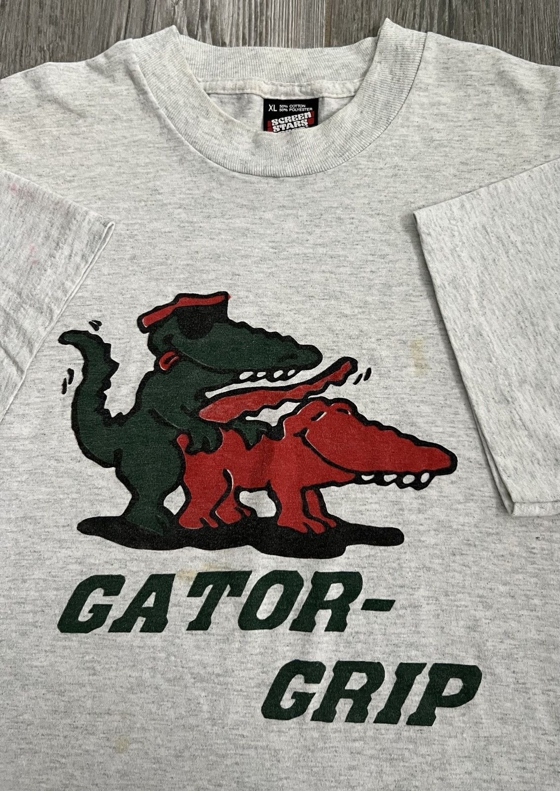 image of 1994 Single Stitch Gator Grip Vintage Grey Graphic Art Tee, Men's (Size XL)