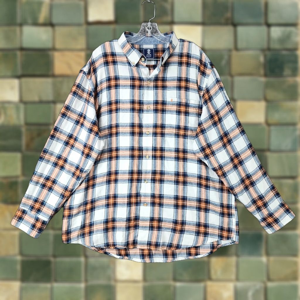 Izod VINTAGE IZOD Flannel Shirt Plaid Long Sleeve Button-Up 2XL White Blue Orange Mens Size US XXL / EU 58 / 5 - 1 Thumbnail