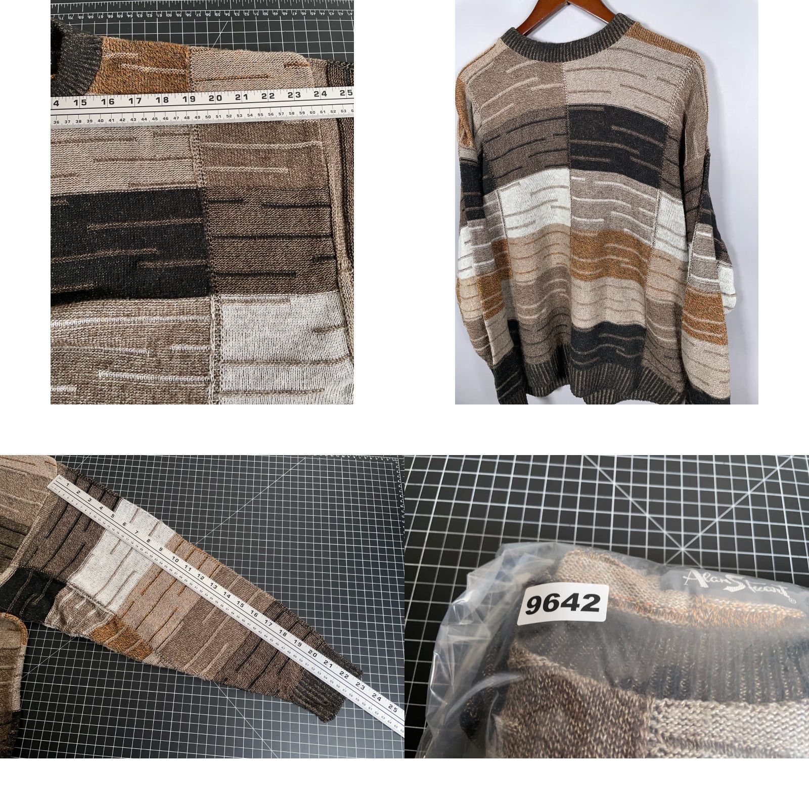 Vintage VINTAGE Alan Stuart Men's Sweater Pullover Chunky-Knit Crew Neck Casual Fall Winter Medium Brown Check Acrylic 80s Retro Size US M / EU 48-50 / 2 - 8 Thumbnail
