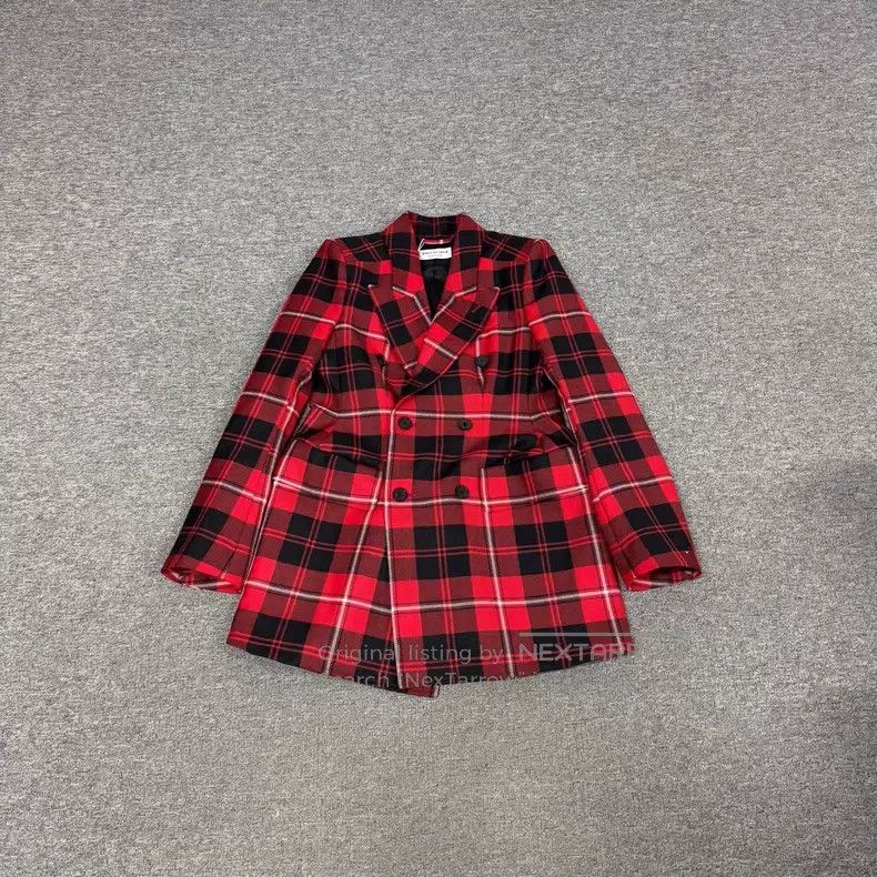 Balenciaga Balenciaga Red and Black Plaid Wool Hourglass Blazer Size XXS / US 00 / IT 34 - 1 Thumbnail