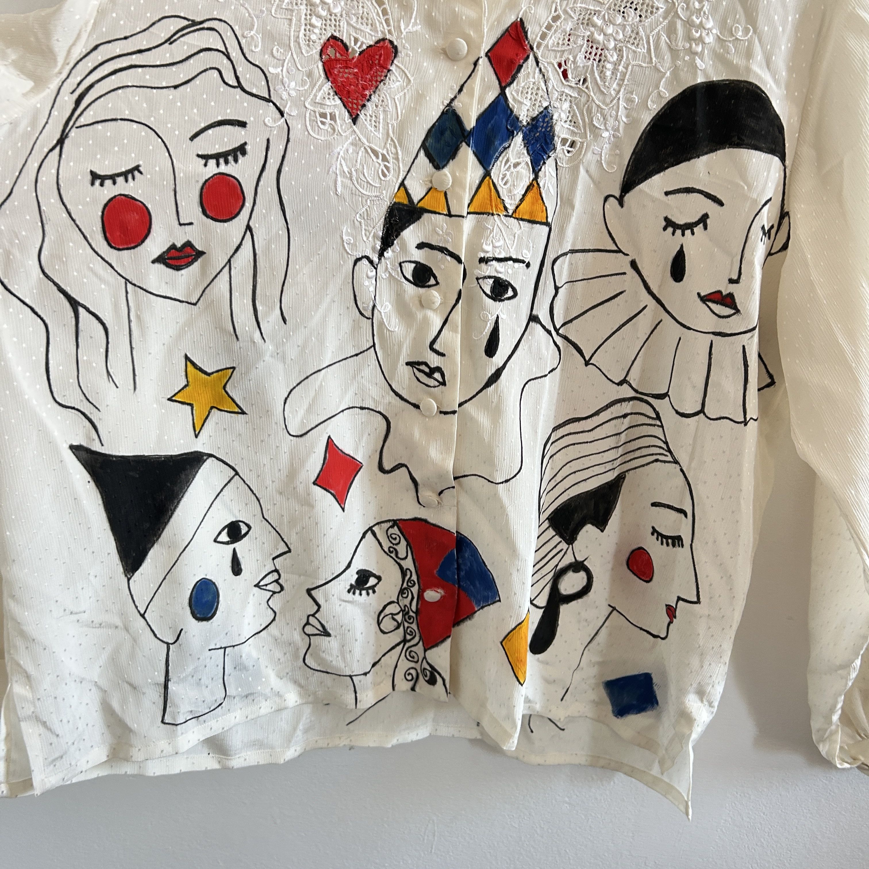 Custommade Hand Painted Vintage Harlequin Circus Blouse Size L / US 10 / IT 46 - 10 Thumbnail