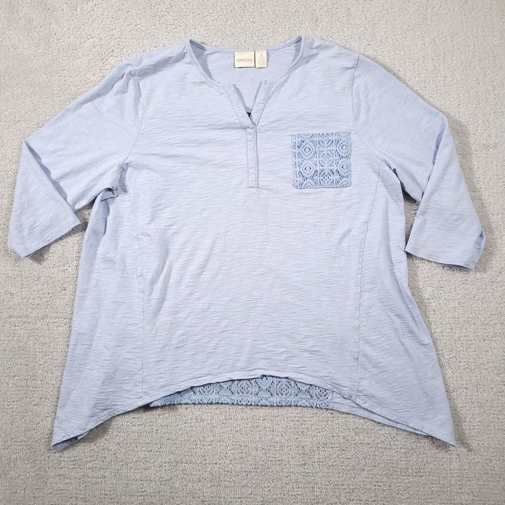 Vintage Chico's Open Knit Crochet Back 3/4 Sleeve Shirt Women's 3 XL Blue V-Neck Size XL / US 12-14 / IT 48-50 - 2 Thumbnail