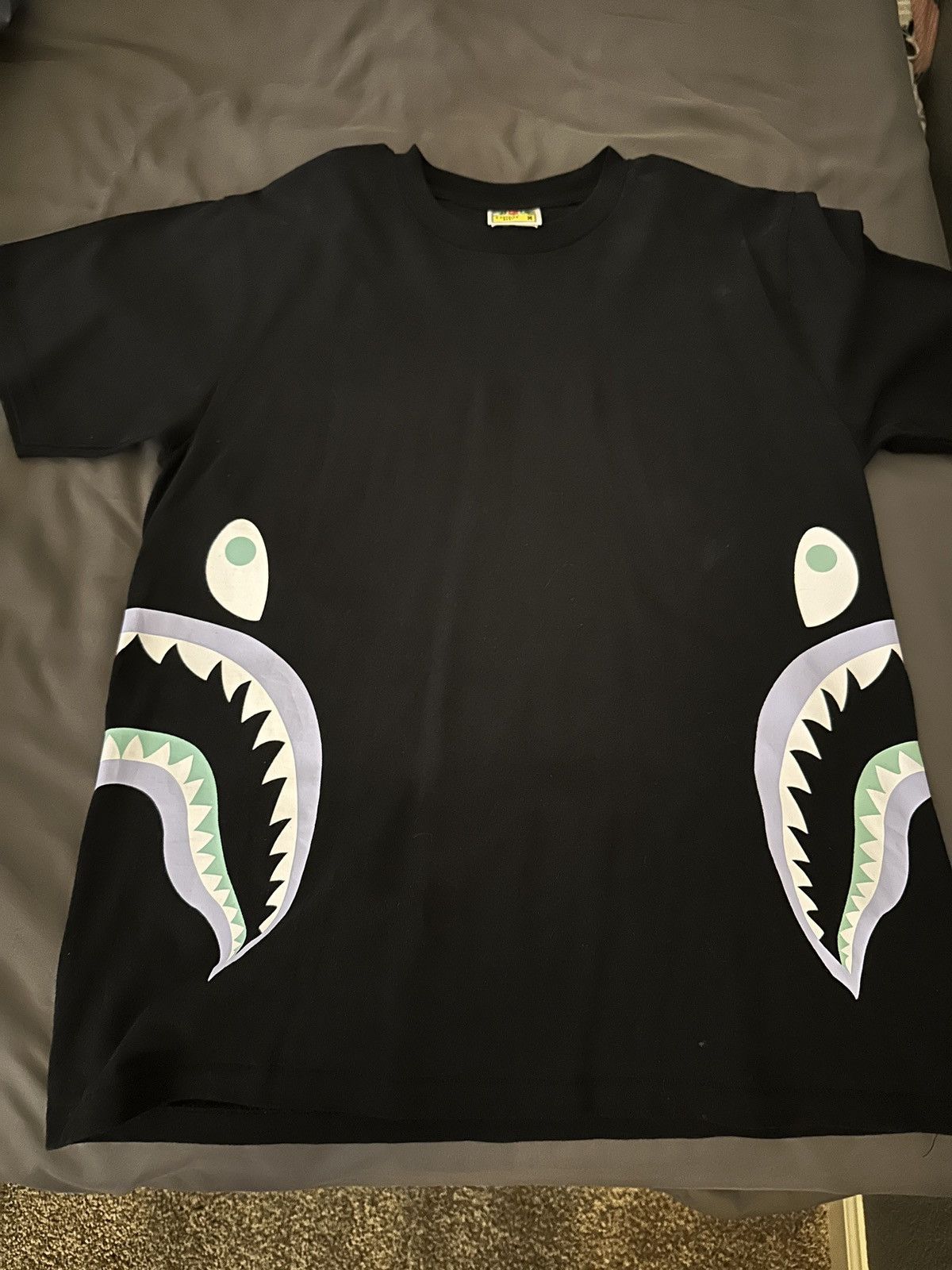 image of Bape Glow-In-The-Dark Side Shark Tee in Black, Men's (Size Medium)