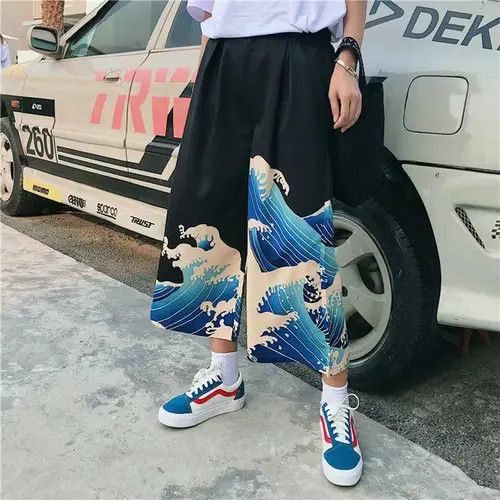 image of Japanese Harajuku Ukiyo Wave Casual Elastic Harem Trousers in Black, Men's (Size 37)