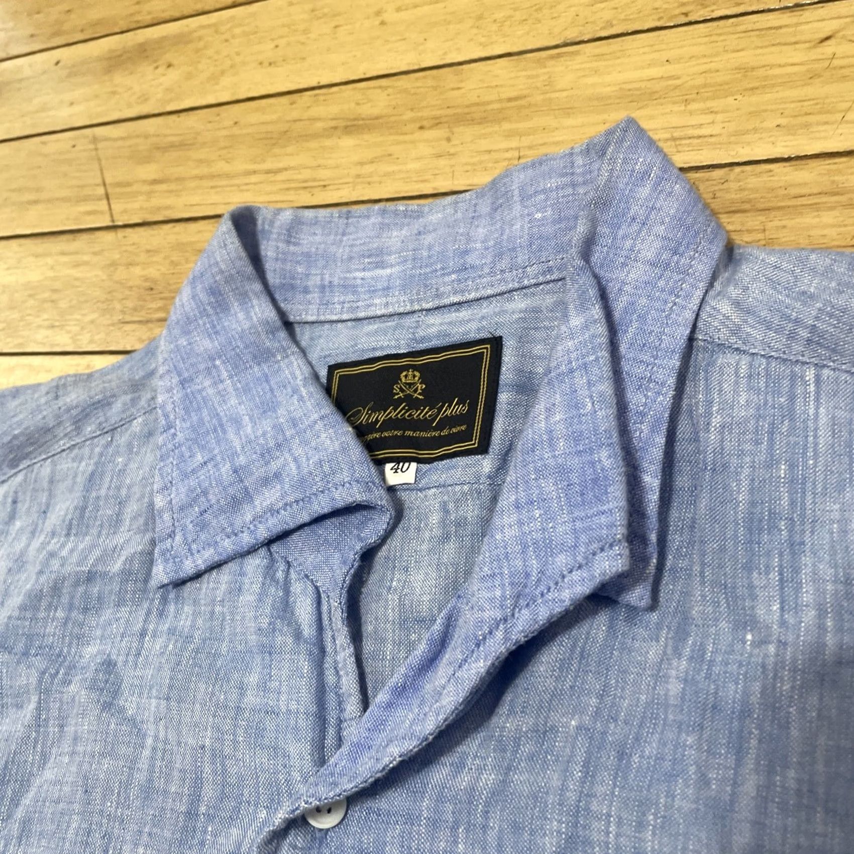 Vintage Simplicite Button-Up Shirt Men 40 Blue Linen Short Sleeve Casual Beach Nautical 90s Vintage Women? No Women. Mens Regular White? Wait. Size US M / EU 48-50 / 2 - 5 Thumbnail