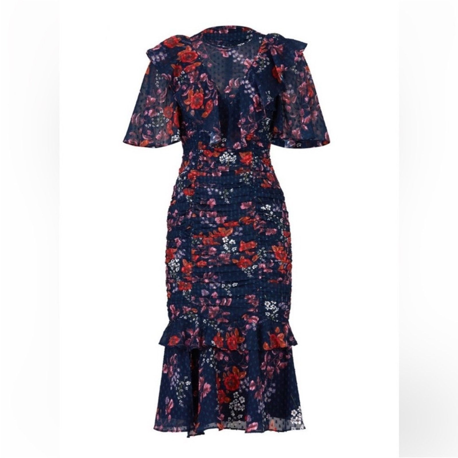 Nordstrom Keepsake Navy Blue Red White Floral Ruffle Ruche Midi Dress Size XS / US 0-2 / IT 36-38 - 10 Thumbnail