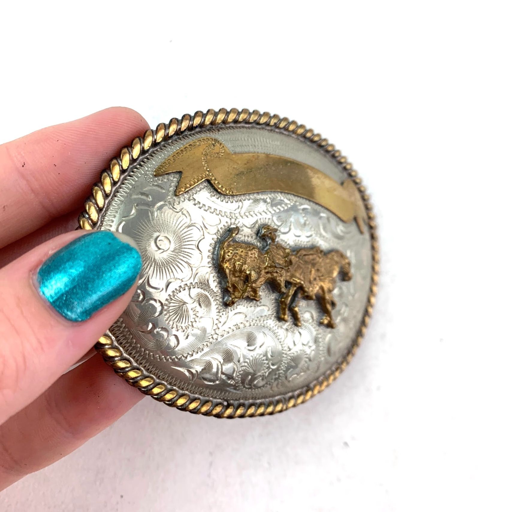 Vintage VINTAGE Alpaca Mexico Calf Roper Etched Silver Metal Belt Buckle Belt Buckle Men Western Buckle Metal Size ONE SIZE - 3 Thumbnail