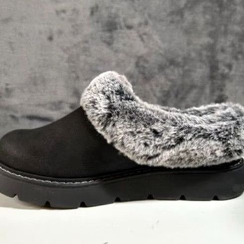 SKECHERS Skechers BOBS Slippers Womens 6 Black Faux Fur Trim Memory Foam Platform Slip On Cozy Warm Comfort Size ONE SIZE - 4 Thumbnail