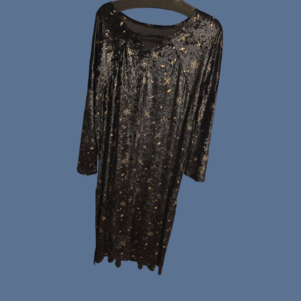 Velvet Celestial Crushed Velvet Dress Womens Large Black Gold Pockets 3/4 Bell Sleeve Size L / US 10 / IT 46 - 1 Thumbnail