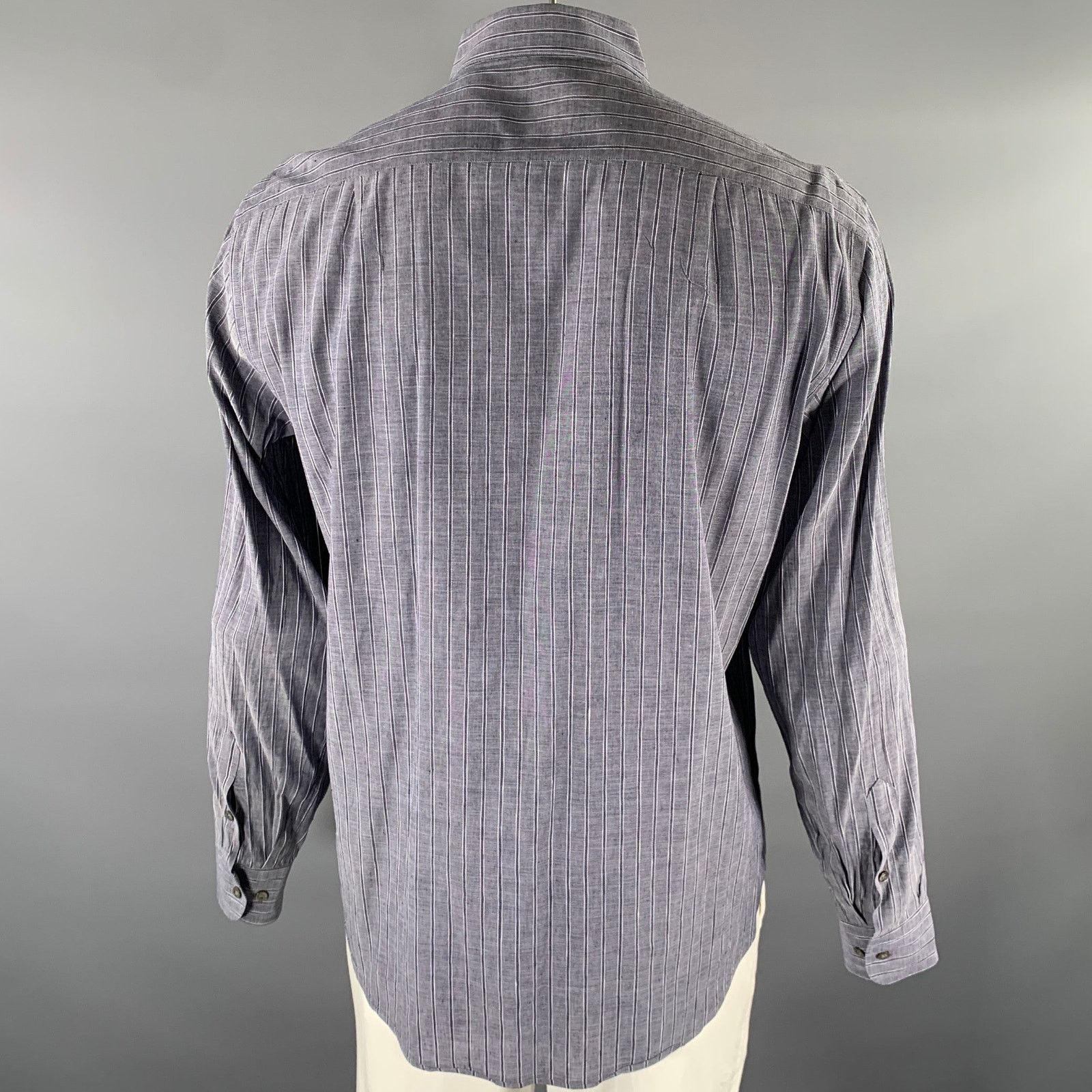 Brioni BRIONI L Navy Grey Stripe Linen Blend Pointed Collar Shirt Size US L / EU 52-54 / 3 - 4 Thumbnail