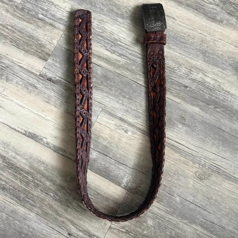 Vintage VINTAGE Navajo Woven Leather Belt Made In Mexico Size 38 Belt Mens Brown Leather Conchos Cowboys Handmade Size 38 - 4 Thumbnail
