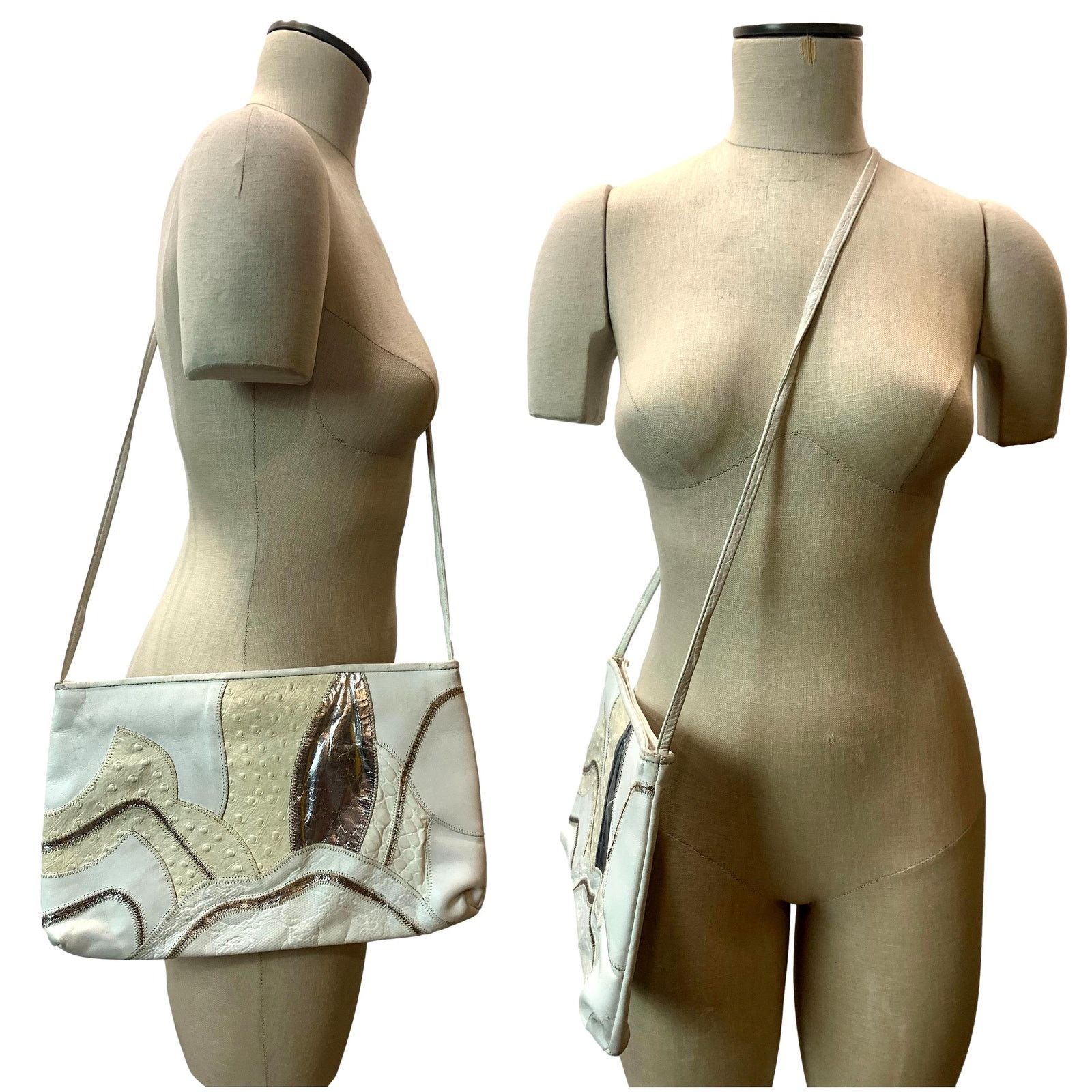 Genuine Leather × Vintage 80s White & Silver Leather Mixed Up Patchwork Shoulder Bag Size ONE SIZE - 6 Thumbnail