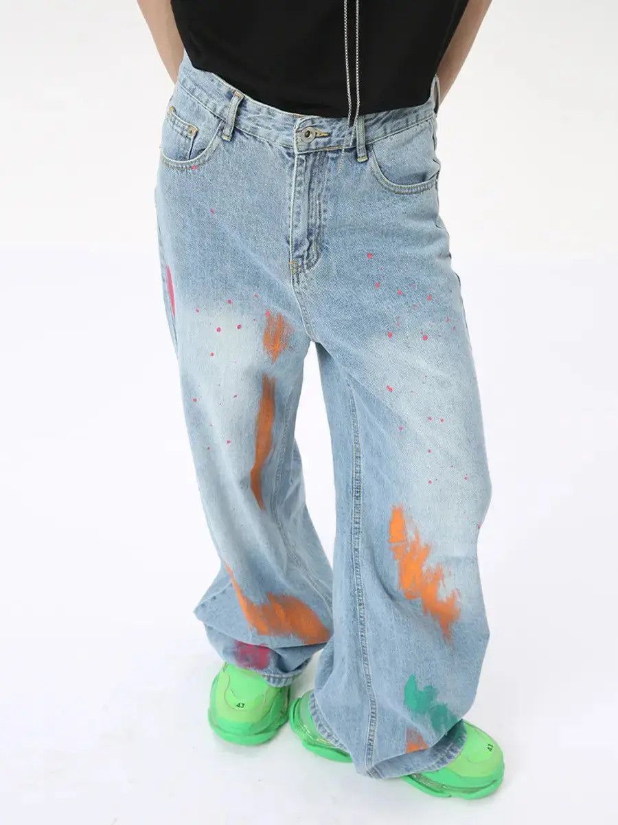 Japanese Brand Retro loose straight leg hand-painted graffiti jeans Size US 32 / EU 48 - 3 Thumbnail