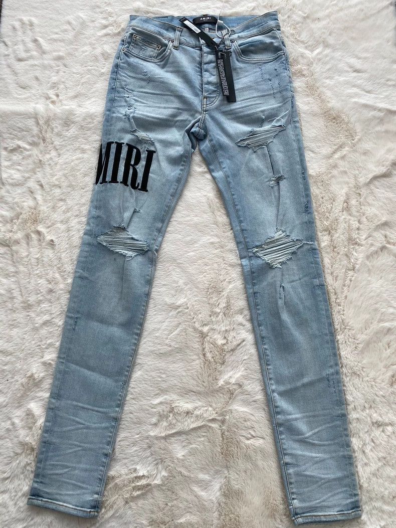 Amiri Amiri Washed Blue Destroyed Logo Applique Jean Size US 32 / EU 48 - 1 Thumbnail