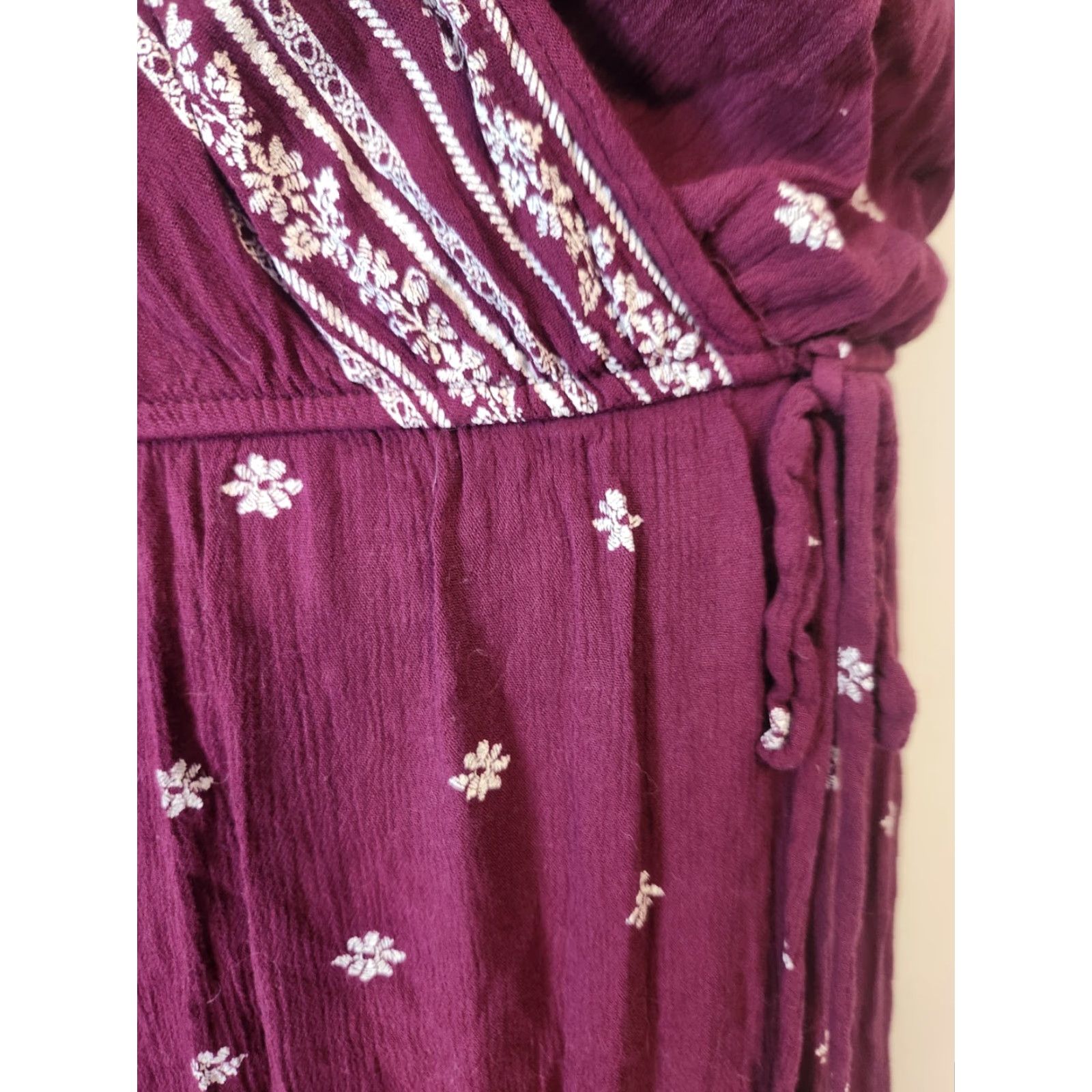 Vintage Xhilaration Maxi Dress Burgundy Floral Crinkle Cold Shoulder V-Neck Short Sleeve XL Red Hippie Boho Women Size XL / US 12-14 / IT 48-50 - 5 Thumbnail