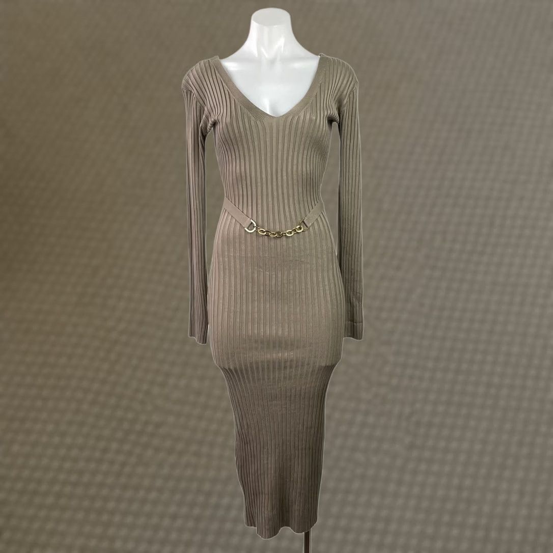 Fashion Nova Fashion Nova Bodycon Dress Women S Beige Taupe Long Sleeve V Neck Ribbed Knit Midi