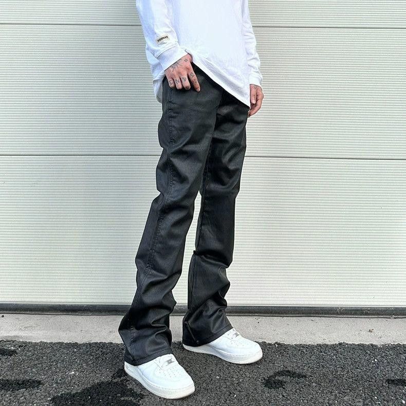 Black Waxed Stacked PU Leather Jeans