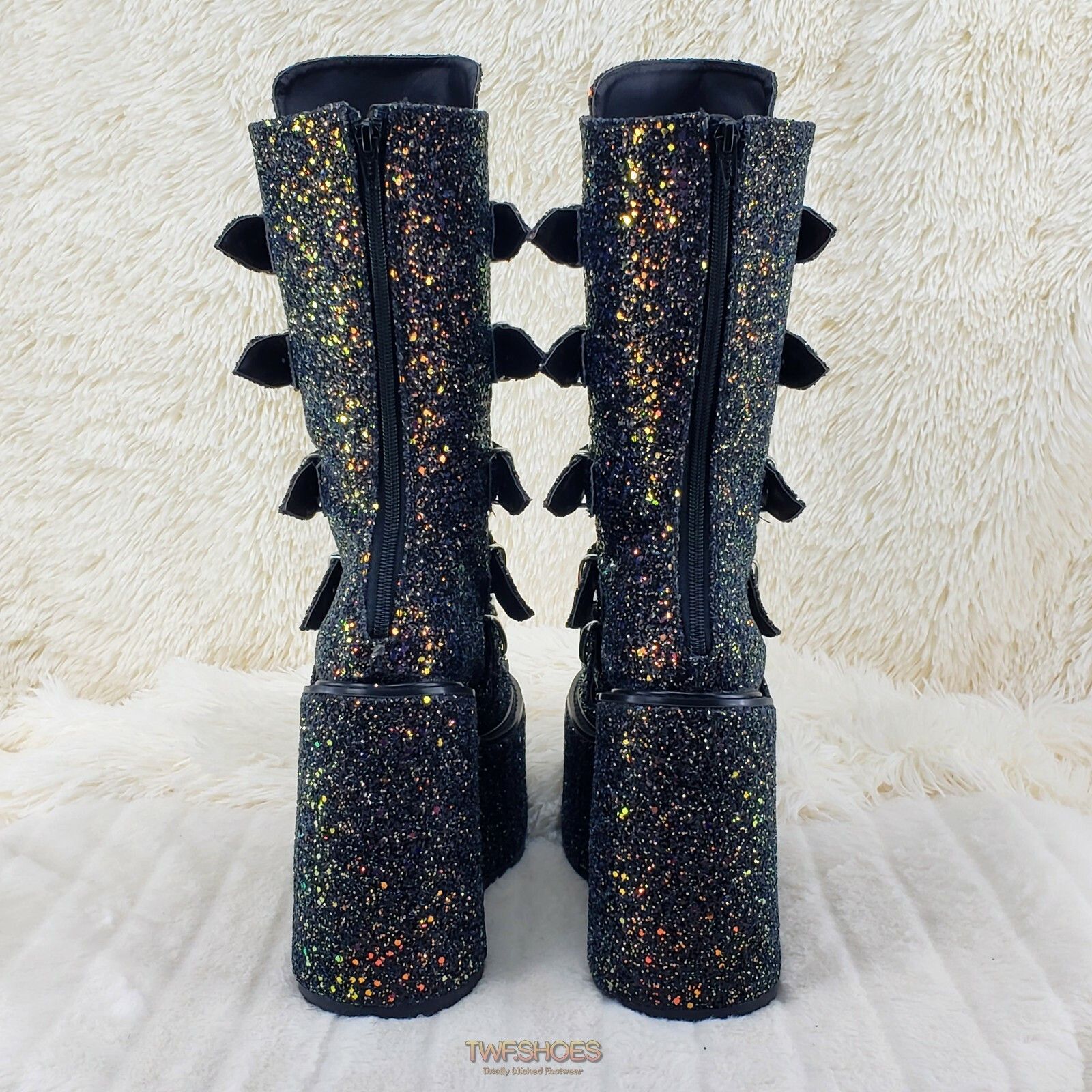 Demonia Cult DEMONIA Swing 230G Black Glitter Platform Boots Heart Strap Size US 8 / IT 38 - 6 Thumbnail