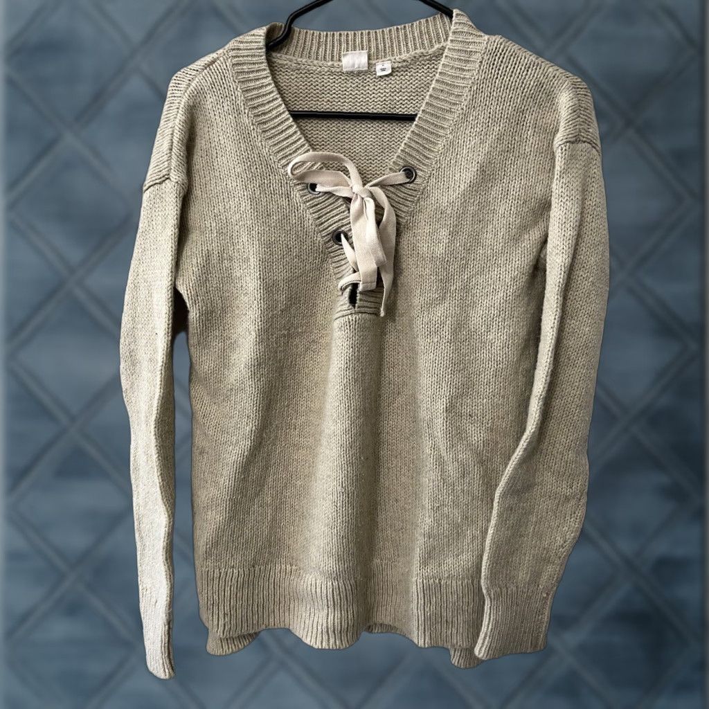 Gap GAP Women's Sweater Small Beige Striped V-Neck Pullover Chunky-Knit Long Sleeve Classic Nautical Size S / US 4 / IT 40 - 1 Thumbnail