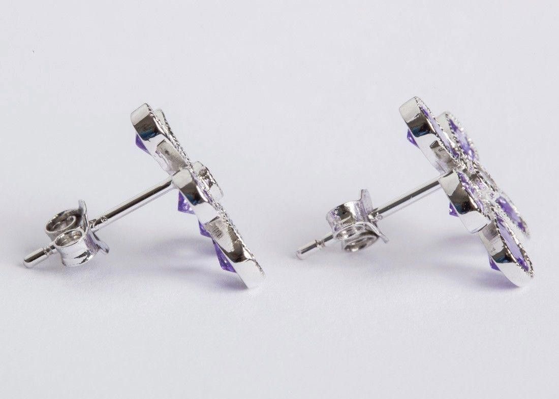 Designer Sterling Silver Colored Cubic Zirconia Flower Earrings Size ONE SIZE - 2 Thumbnail