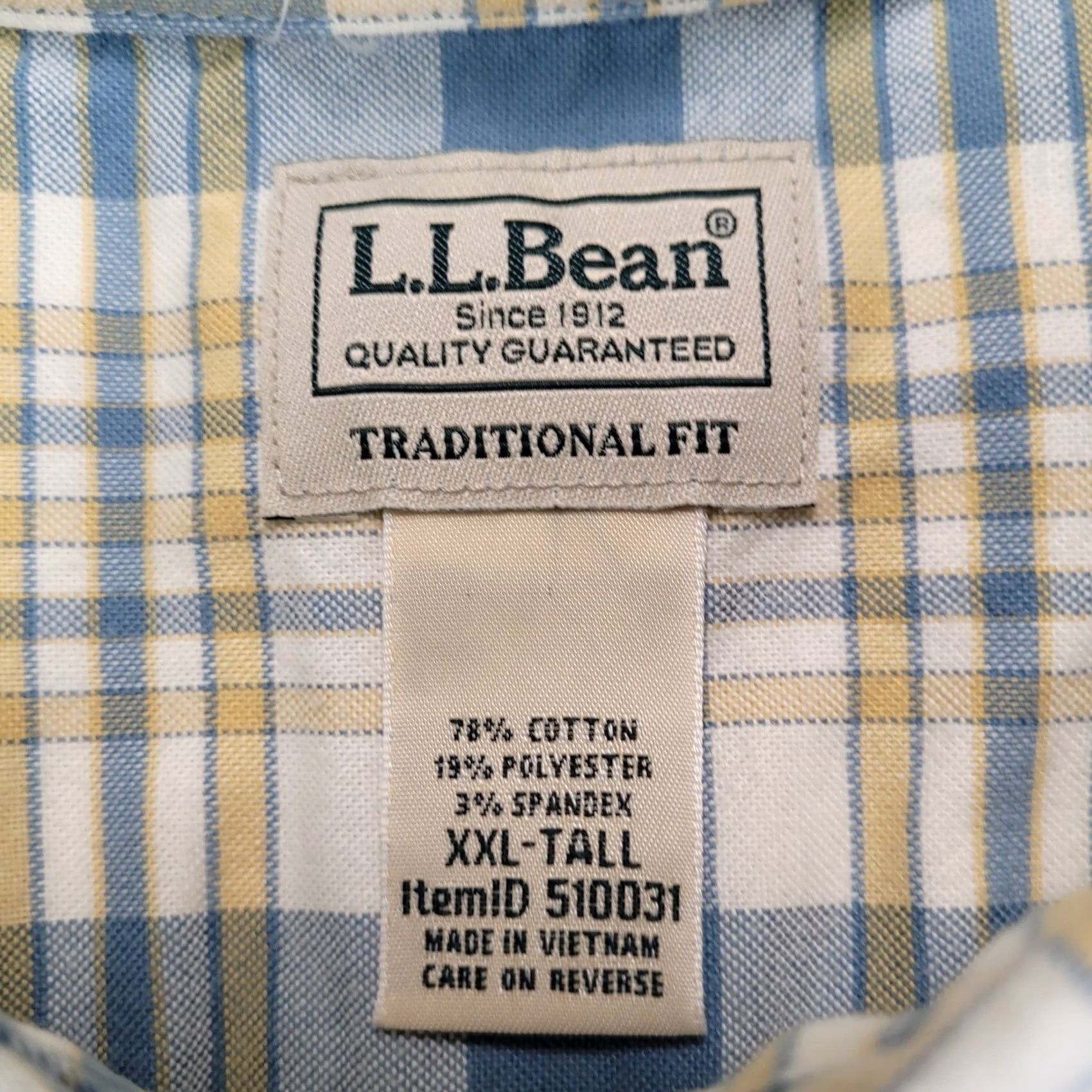 LL Bean Mens 2XL Tall Button Down Shirt Blue Yellow Plaid Classic Fit