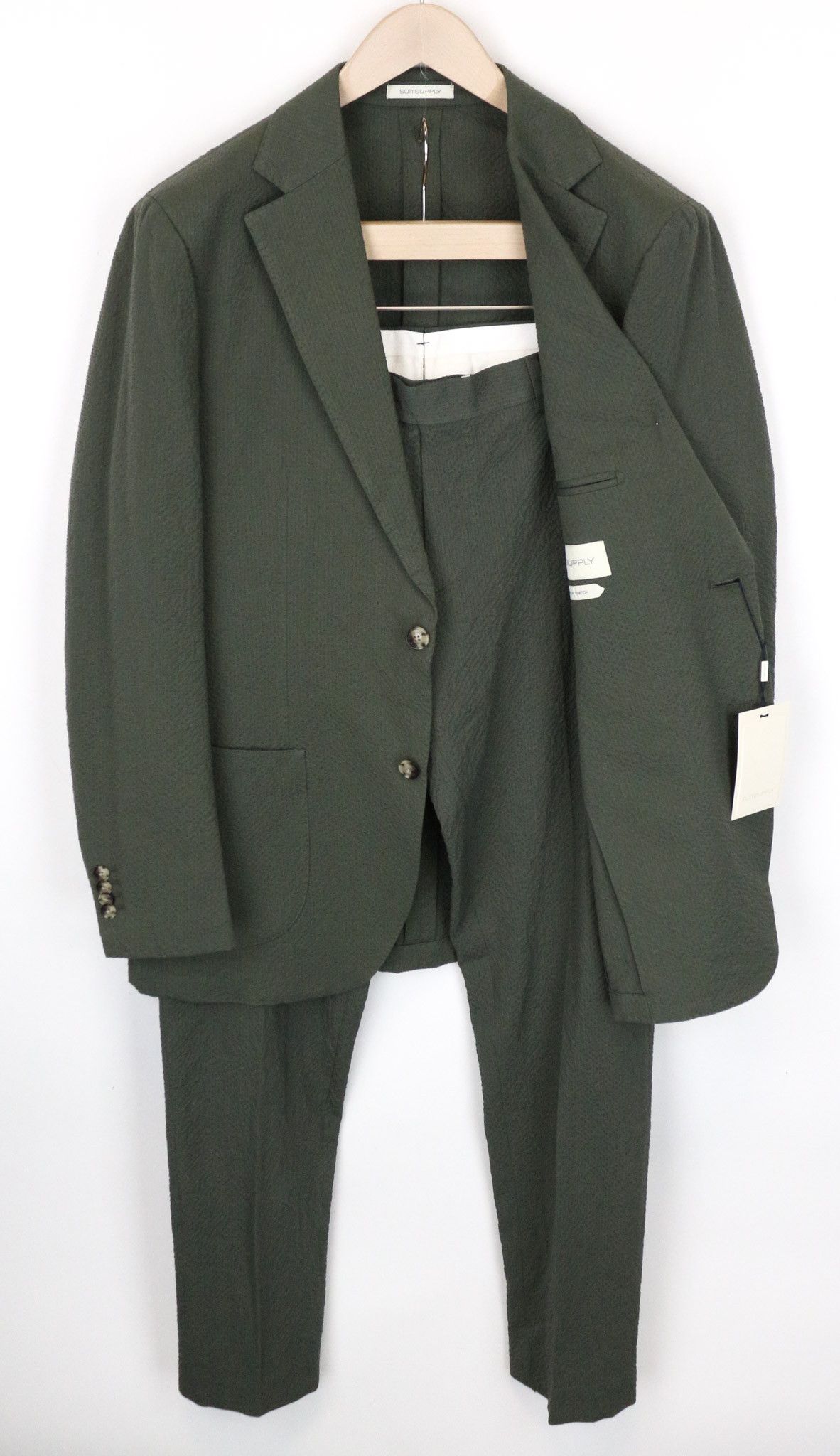 image of Suitsupply Havana Uk42R Crinkled Green Cotton Stretch Slim Suit 70896, Men's