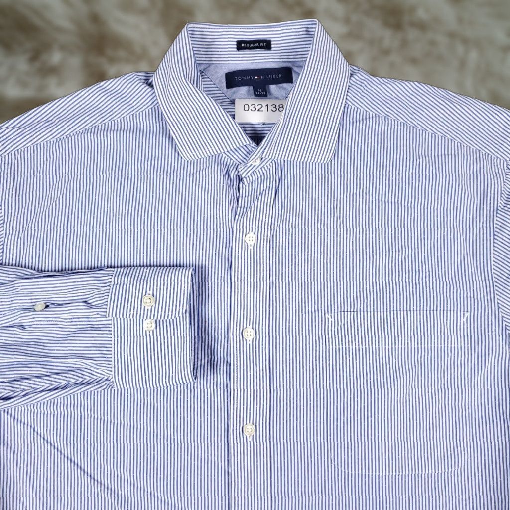 Tommy Hilfiger Tommy Hilfiger Blue Striped Dress Shirt Mens Size 16 Long Sleeve Button Up Classic Modern Preppy Size 42R - 1 Thumbnail