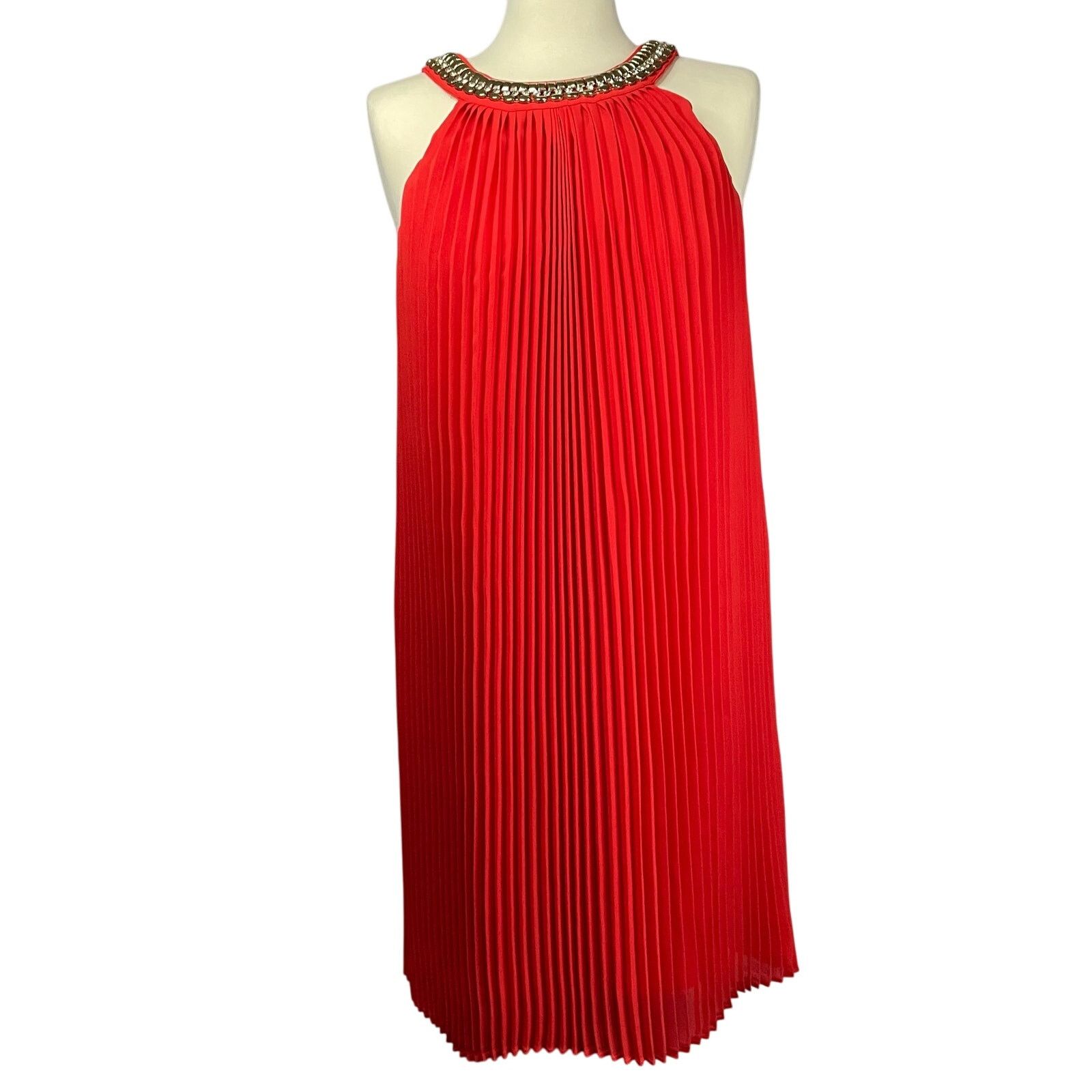 Badgley Mischka Belle Badgley Mischka Dress 10 Red Orange Pleated Halter Size L / US 10 / IT 46 - 1 Thumbnail