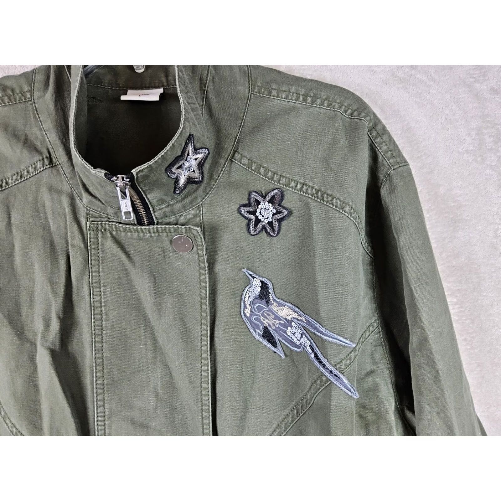 Vintage Cabi Jacket Bird Military Linen Blend Sequin Star Appliqué Zip Green Sz L Women Regular Mid-Length Jacket (Travel, Workwear) Size L / US 10 / IT 46 - 4 Thumbnail