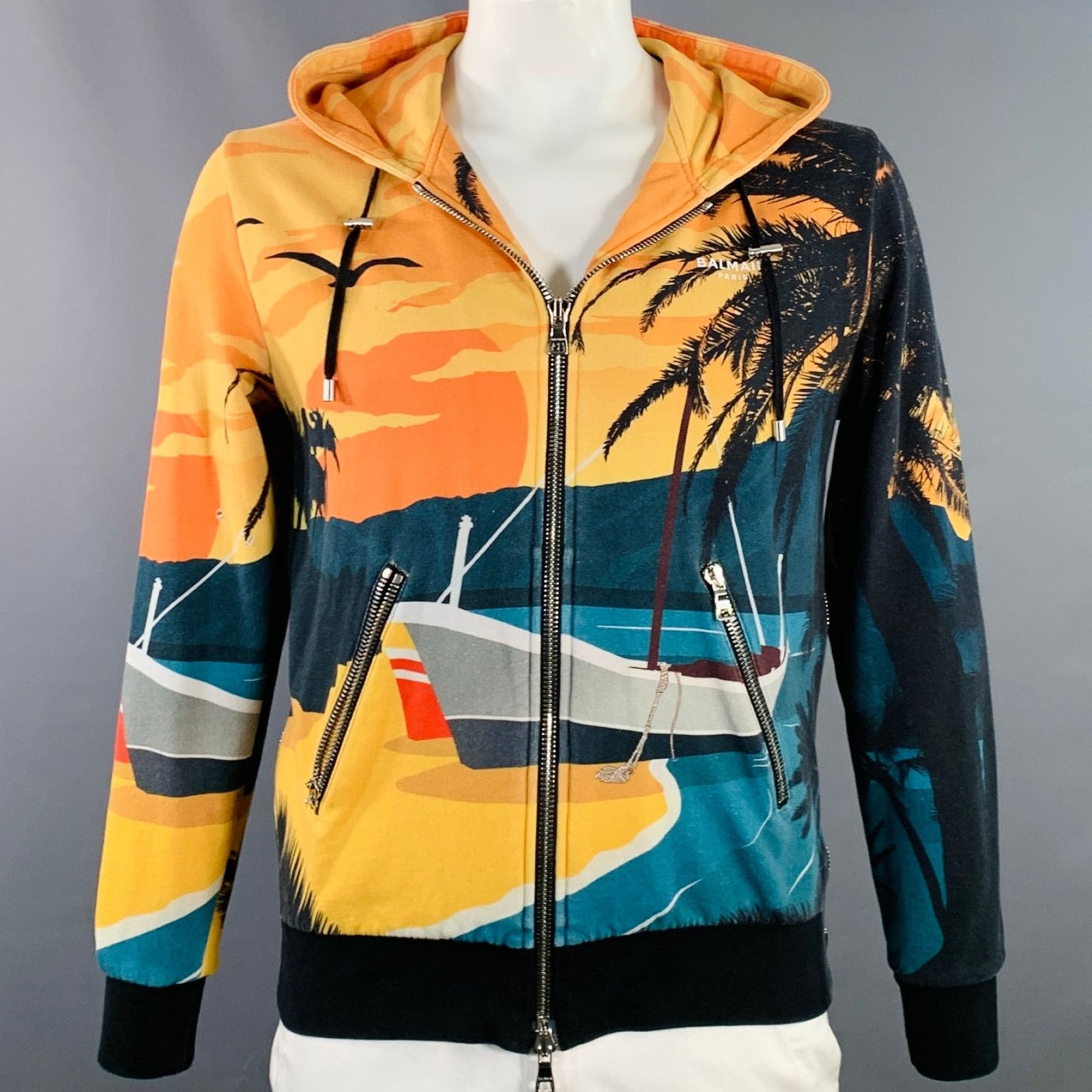 Balmain BALMAIN Orange Blue Tropical Cotton Hooded Zip Up Sweatshirt Size US L / EU 52-54 / 3 - 1 Thumbnail