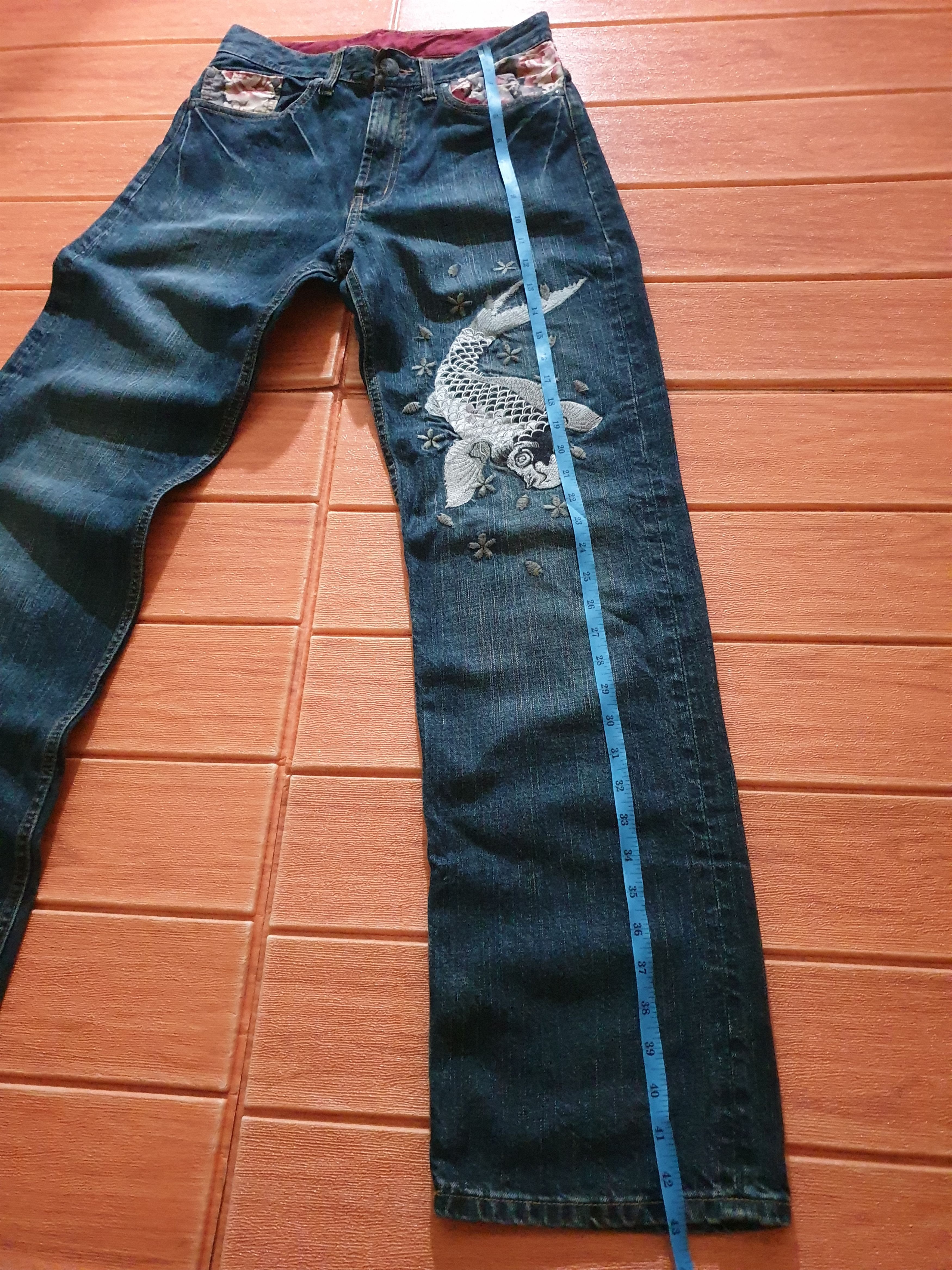 Japanese Brand 💥Koi fish embroidery sukajan denim pant Size US 29 - 7 Thumbnail