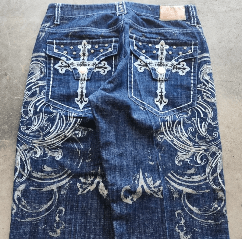 Japanese Brand Geometric Embroidery Baggy Jeans Size US 36 / EU 52 - 3 Thumbnail