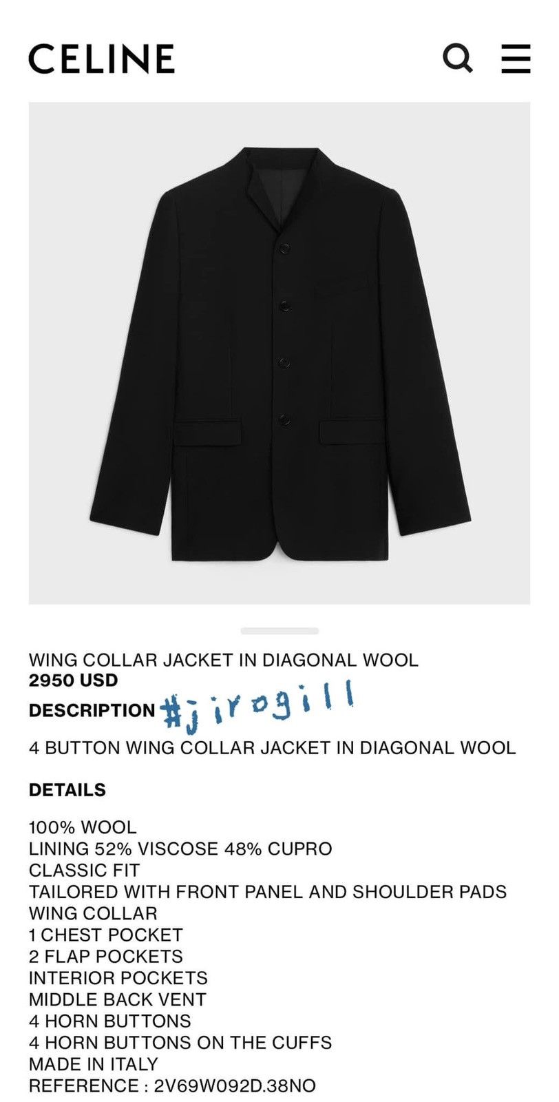 Celine RARE - FW24 Wing Collar Diagonal Wool Jacket 54 Size 54R - 21 Thumbnail