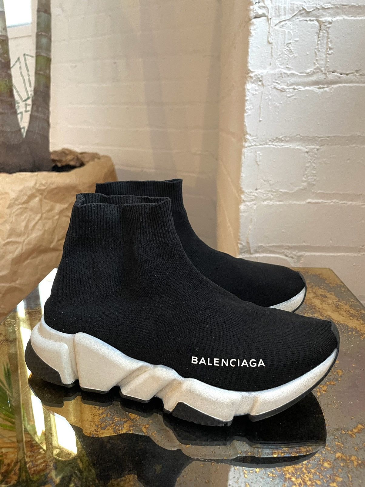 Womens Balenciaga Speed 2.0 Black/White/Red Sock Sneakers Sz8 NEW