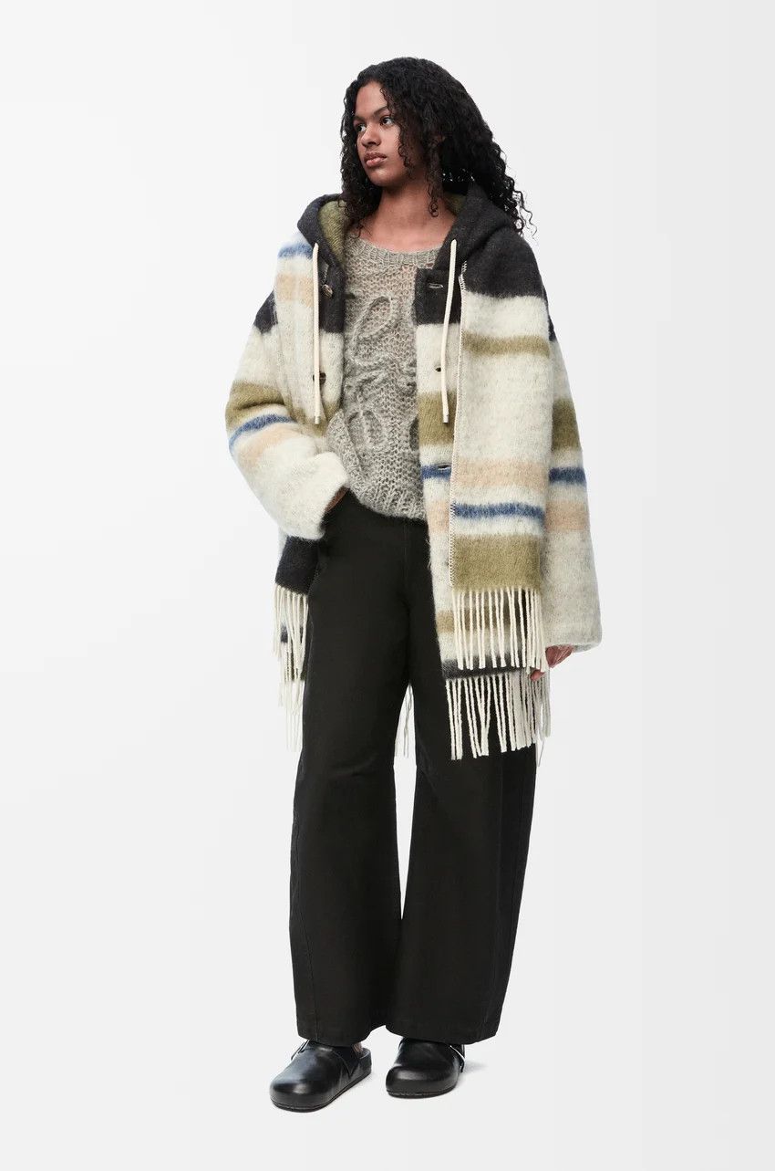 Loewe o1loc1c0525 Hooded Scarf Coat in Wool in Black/White Size XS / US 0-2 / IT 36-38 - 2 Thumbnail