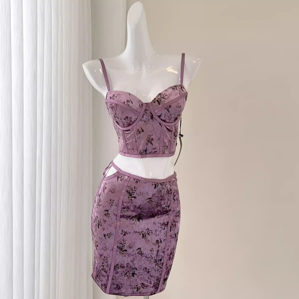 image of Vintage Floral Velvet Cutout Sexy Slip Dress Set in Purple, Women's (Size Medium)