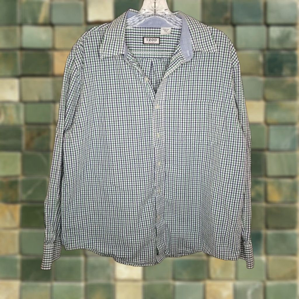 Izod IZOD Long Sleeve Button-Up Plaid Shirt Men Blue Green Size Large L Regular Mens Size US L / EU 52-54 / 3 - 1 Thumbnail