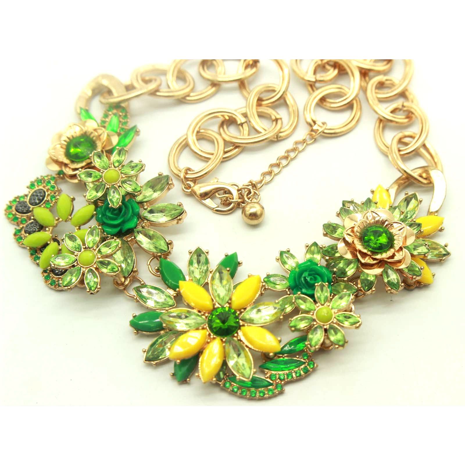 Other Statement Necklace • Yellow & Green Flowers & Rhinestones Size ONE SIZE - 1 Thumbnail