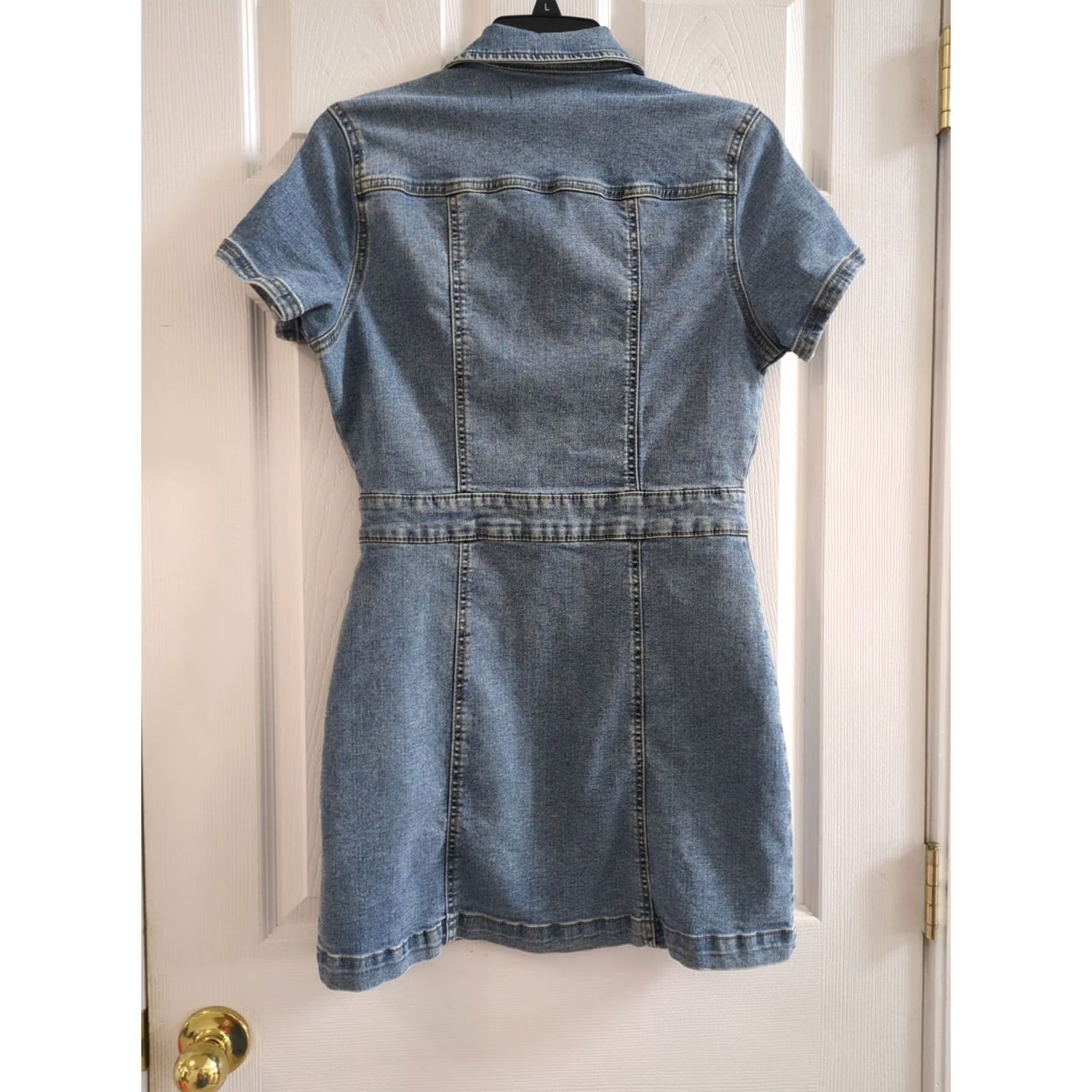 Vintage REWASH Peace Love Eco Denim Dress Short Sleeve Mini Short Dress Blue Women M Size 32" / US 10 / IT 46 - 3 Thumbnail